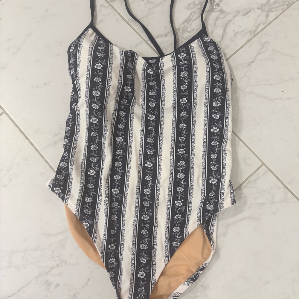 J. Crew Navy and White Floral Stripe One Piece
